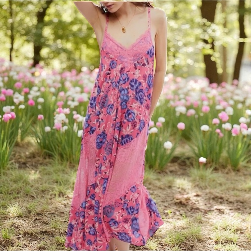 Free People Intimately First Date Printed Maxi Slip Dress in Pink Combo, M - NWT
